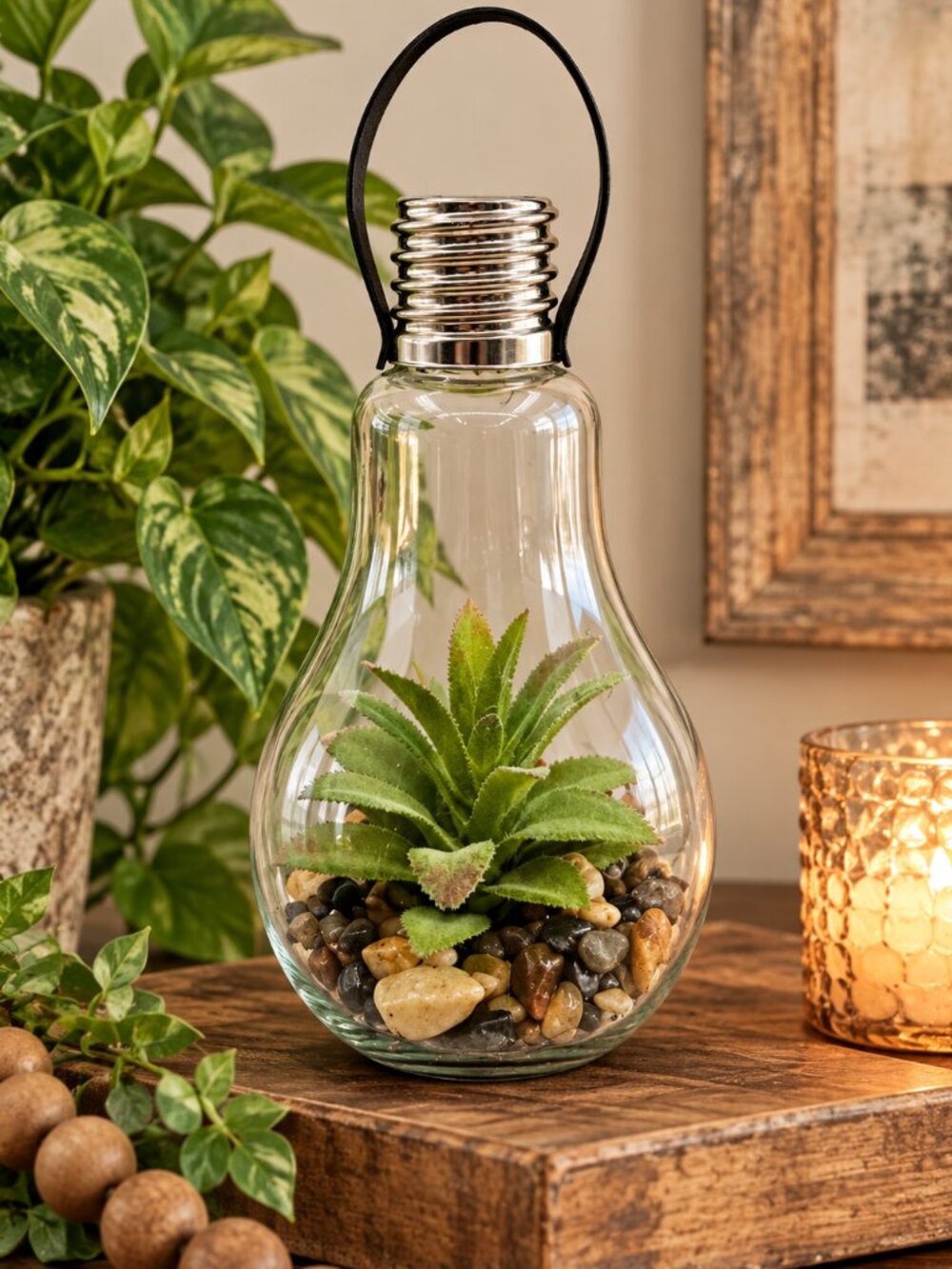 Decorative Glass Bulb Terrarium with Green Succulent & Rocks